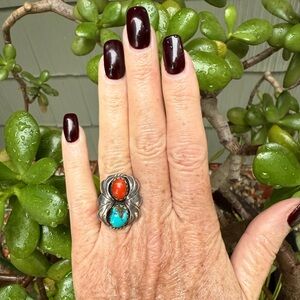 Vintage Navajo Sterling Silver Turquoise & Red Coral Ring Size 6.5 LESS ON I G